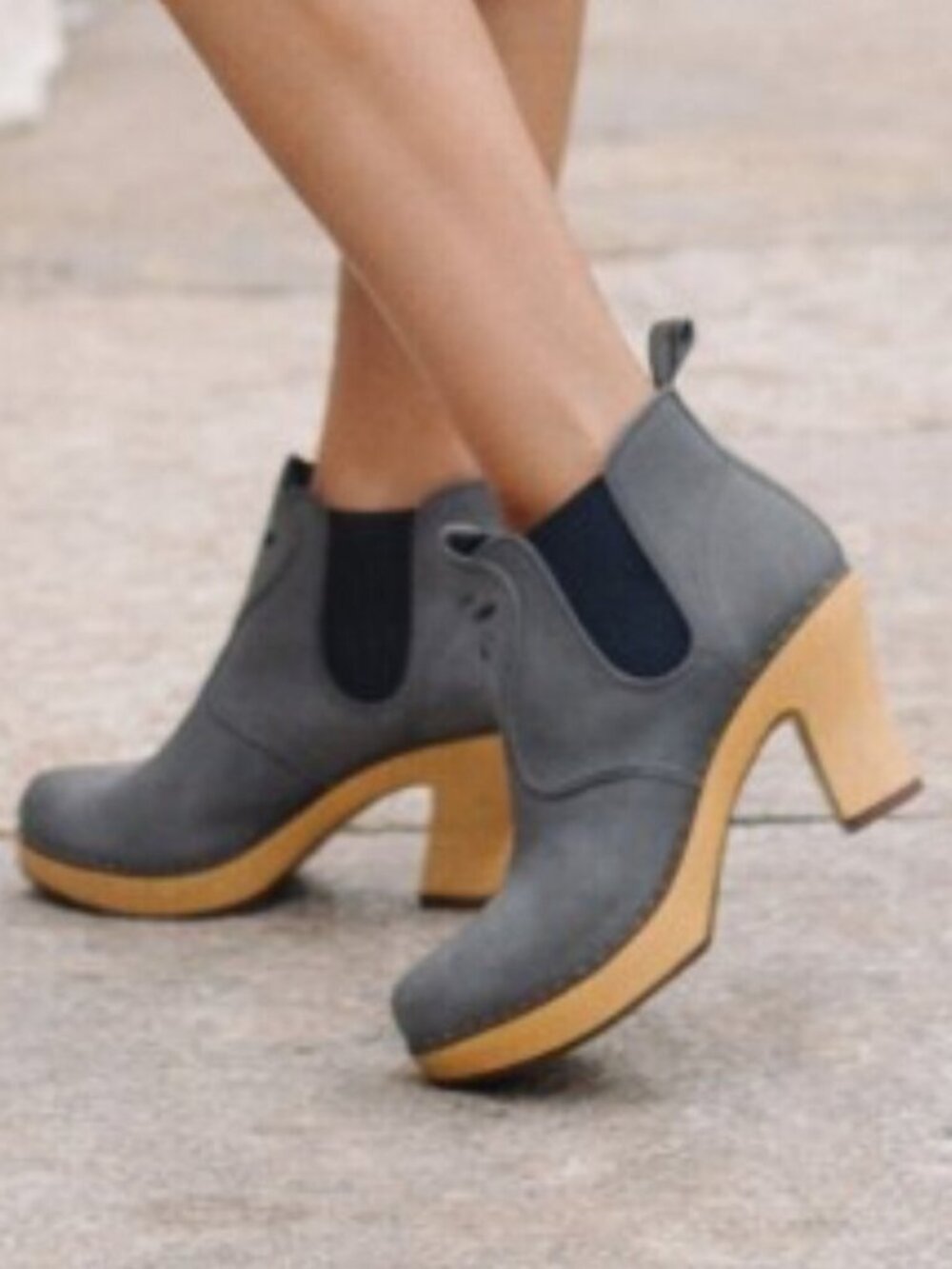 Swedish Hasbeens Opera Blue Nubuck Wood Platform Clog Boots EU 39
